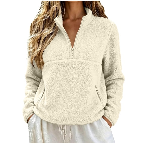 Women's Sherpa Quarter Zip Sweatshirt, Long Sleeve Fuzzy Pullover Top with Side Pockets for Casual Wear