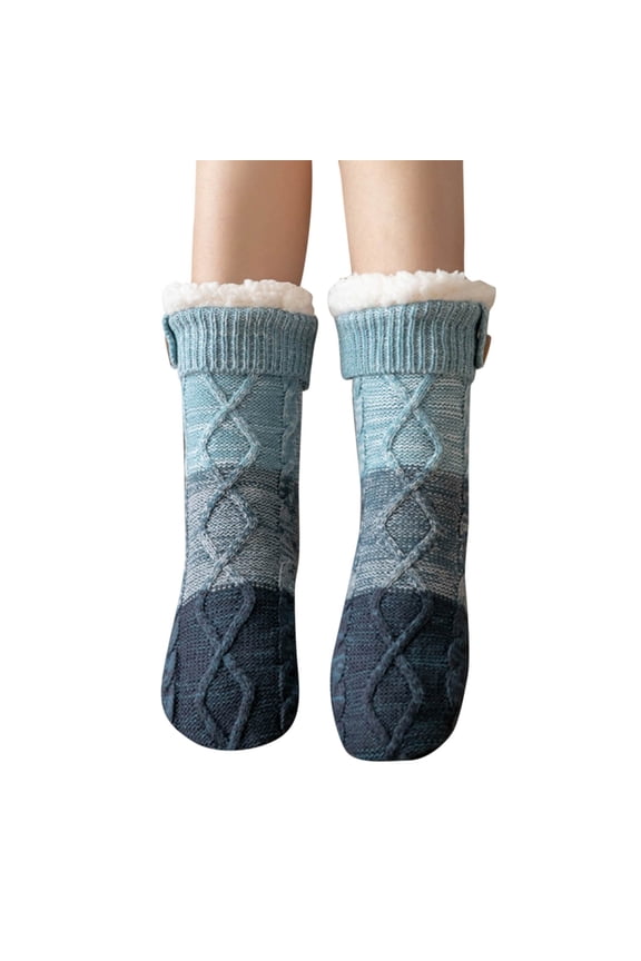 Women's Sherpa Slipper Socks, Thick Plush Fuzzy Lined Non-Slip Indoor Socks for Winter Home Wear, Sleeping, and Lounging, Warm and Cozy for Cold Floors Blue
