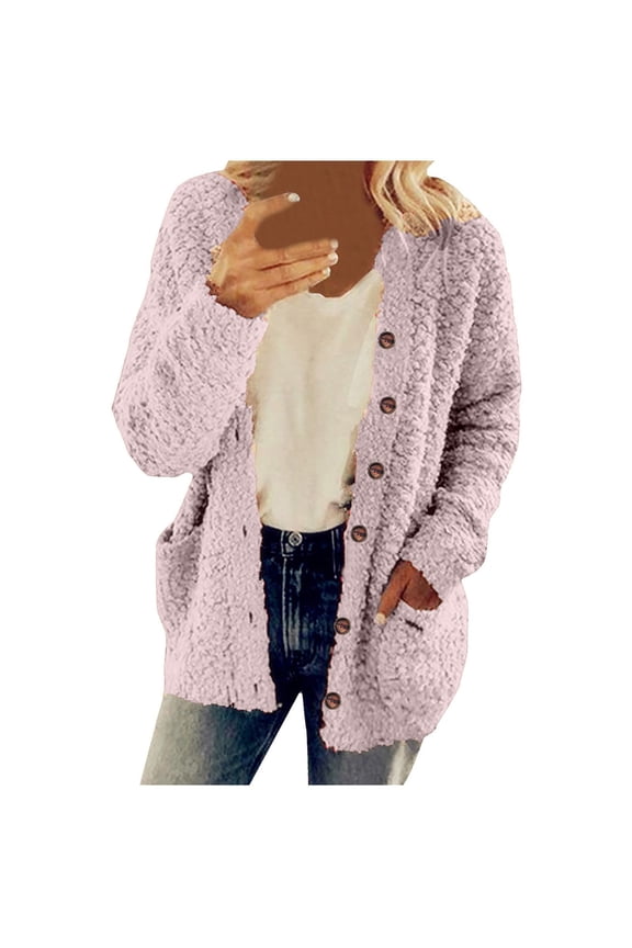 Women's Sherpa Sweater Coat, Button Up Fleece Coats with Pockets, Winter Warm Jackets, Solid Color Thermal Outwear