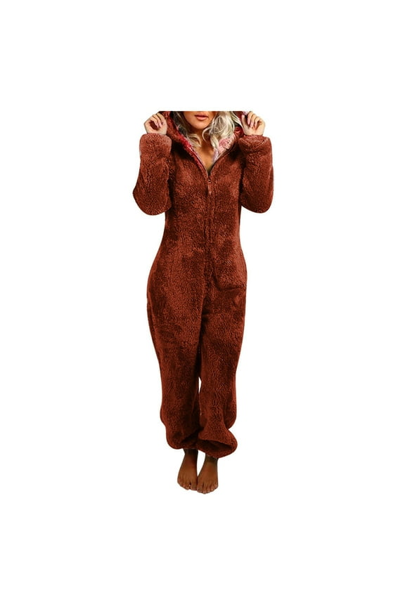 Women's Sherpa Teddy Bear Onesie Pajamas, Sexy Furry Jumpsuits with Hood, Fuzzy Winter Warm Hoodie Romper Plus Size
