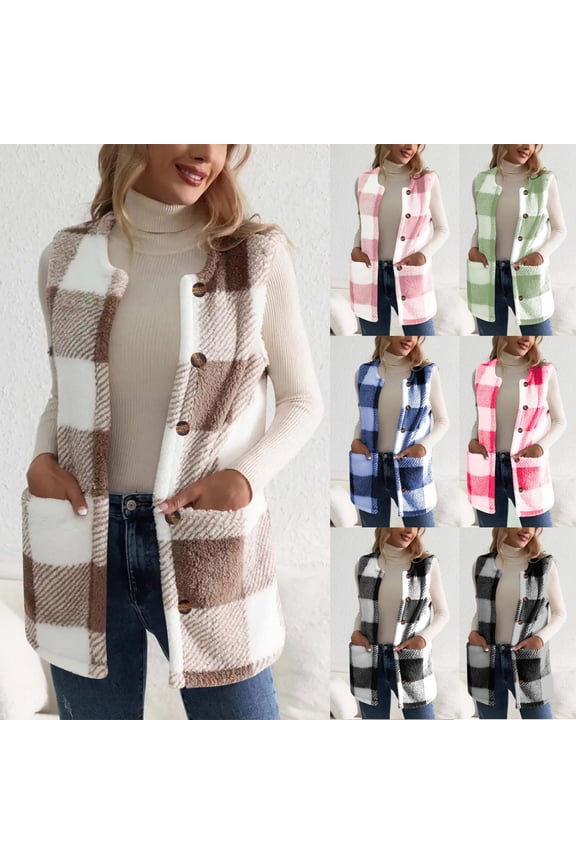 Women's Sherpa Vest Crew Neck Sleeveless Gilet Women Winter Plus Velvet Warm Coat Outerwear with Pockets