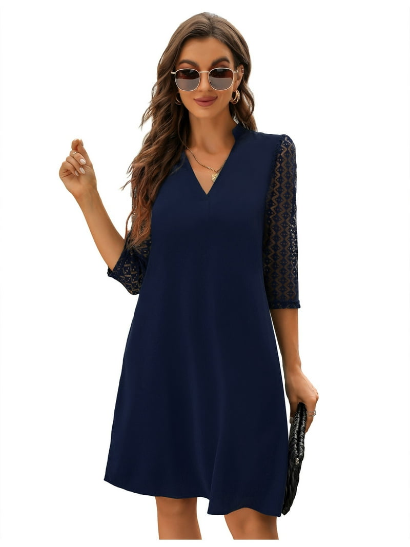 スーツ・フォーマル・ドレス Tuule lace switching dress Women's Shift Dress Lace 3/4 Sleeve Tunic Dress V Neck