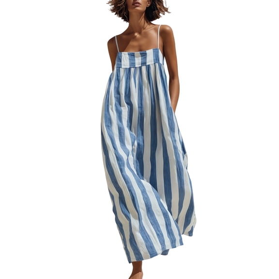 Women's Shift Dress Square Neck Back Bow Striped Maxi Dress Breathable Casual Vacation Beach Resort Sundress for Women Blue S