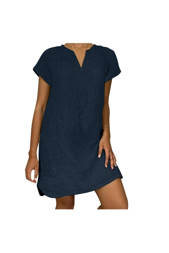 Women's Shift Dress V-Neck Short Sleeve Cotton Line Dresses Solid Color Loose Fit T-Shirt Tunic Short Dres