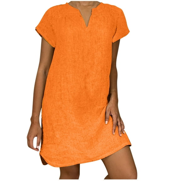Women's Shift Dress V-Neck Short Sleeve Cotton Line Dresses Solid Color Loose Fit T-Shirt Tunic Short Dres
