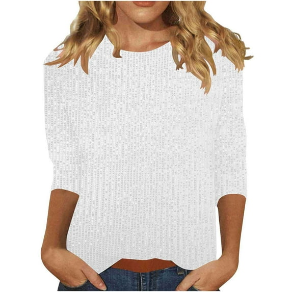 Women's Shimmer Sequin Crew Neck Tees Trendy Tunic 3/4 Sleeve Glitter Night Out Tops for Elegant Evening