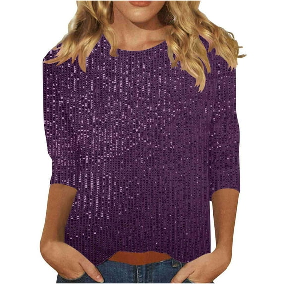 Women's Shimmer Sequin Crew Neck Tees Trendy Tunic 3/4 Sleeve Glitter Night Out Tops for Elegant Evening