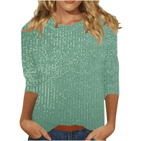 Women's Shimmer Sequin Crew Neck Tees Trendy Tunic 3/4 Sleeve Glitter Night Out Tops for Elegant Evening