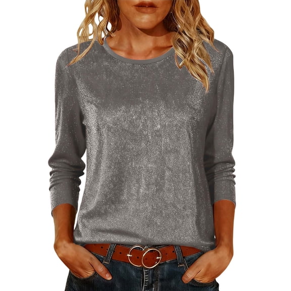 Women's Shiny 3/4 Long-Sleeved Tops, Round-Neck and Double-Layered Loose Sweatshirts, Trendy Outerwear for Fall