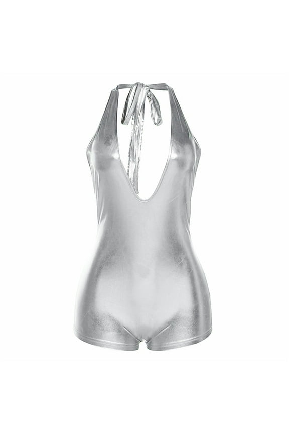 Women's Shiny Backless Catsuit - High Elastic Leather Jumpsuit, Lift Feature, Sexy Tight Fit for Party/Night Out