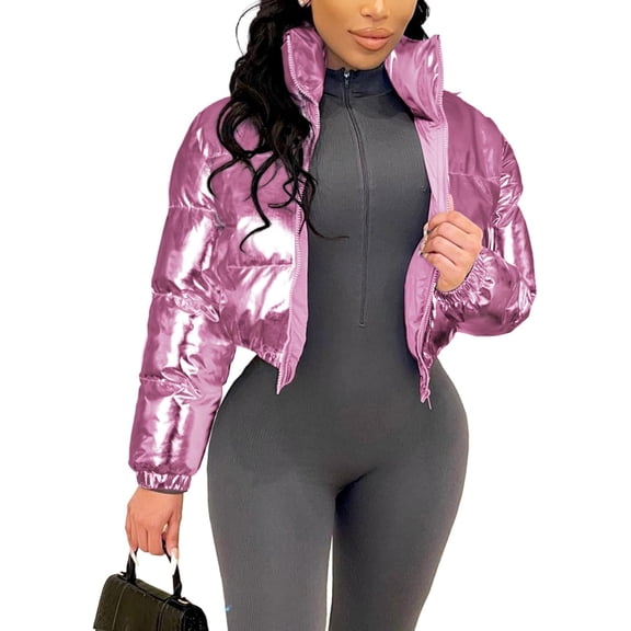 Women's Shiny Cropped Quilted Puffer Jacket - Zip Up Padded Down Coat Outerwear