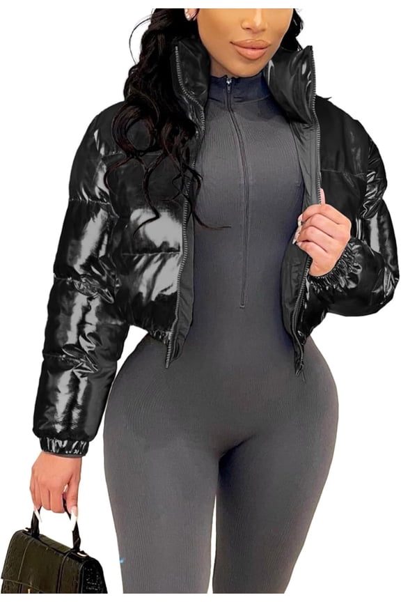 Women's Shiny Cropped Quilted Puffer Jacket - Zip Up Padded Down Coat Outerwear
