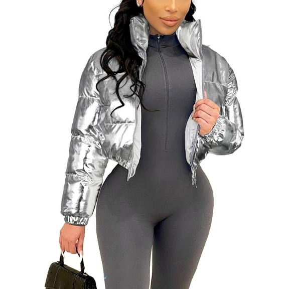 Women's Shiny Cropped Quilted Puffer Jacket - Zip Up Padded Down Coat Outerwear