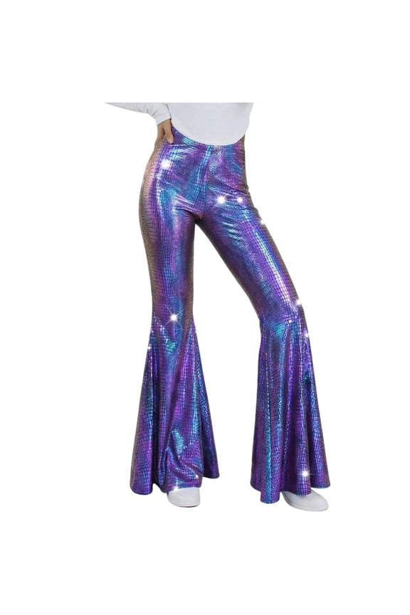 Women's Shiny Flare Pants 80's High Waist Metallic Flared Pants for Disco Wide Leg Leggings for Dancewear Nightclub Full Length Wet Look Yoga Palazzo Pants for Party Rave Carnival