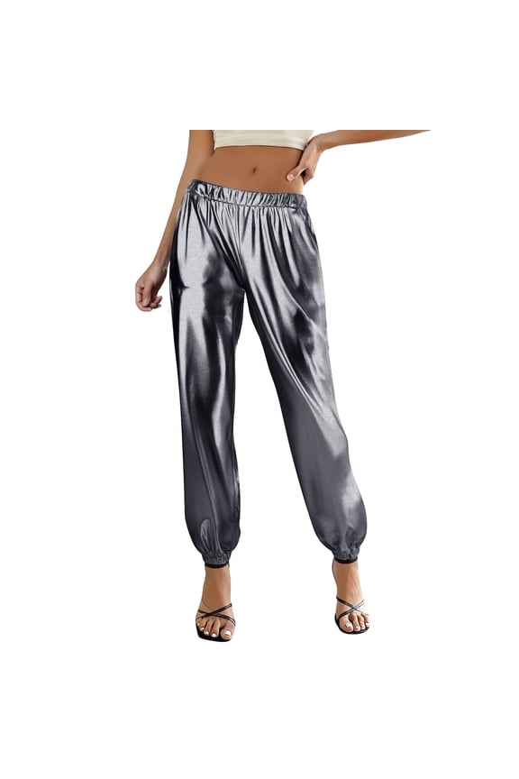 Women's Shiny Hip Hop Pants Metallic Sparkle Wetlook Streetwear Casual Fitted Lightweight Retro Disco Hippie Club Pants Trousers