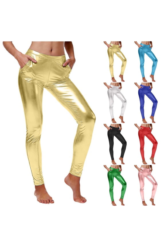 Women's Shiny Leggings, High Waist Tummy Control Glossy Yoga Sports Pants, Stretchy Spandex Tights for 80s Disco, Slim Fit Solid Full Length Trousers for Dancewear Nightclub Party Rose Gold XL