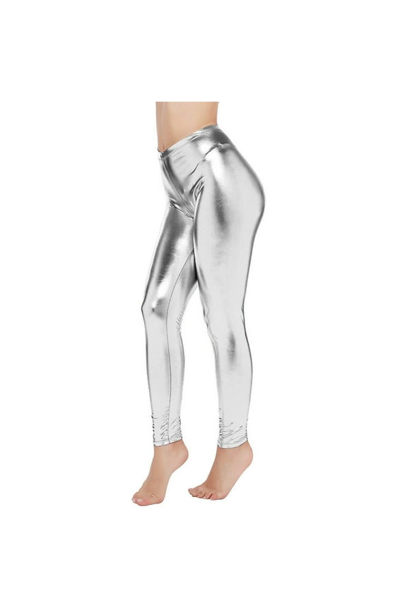 Women's Shiny Liquid Leggings, Sexy High Gloss Faux Leather Pants, Figure Hugging Clubwear, Night Out Bodycon Tights for Clubbing, Party and Stage Performance-Silver
