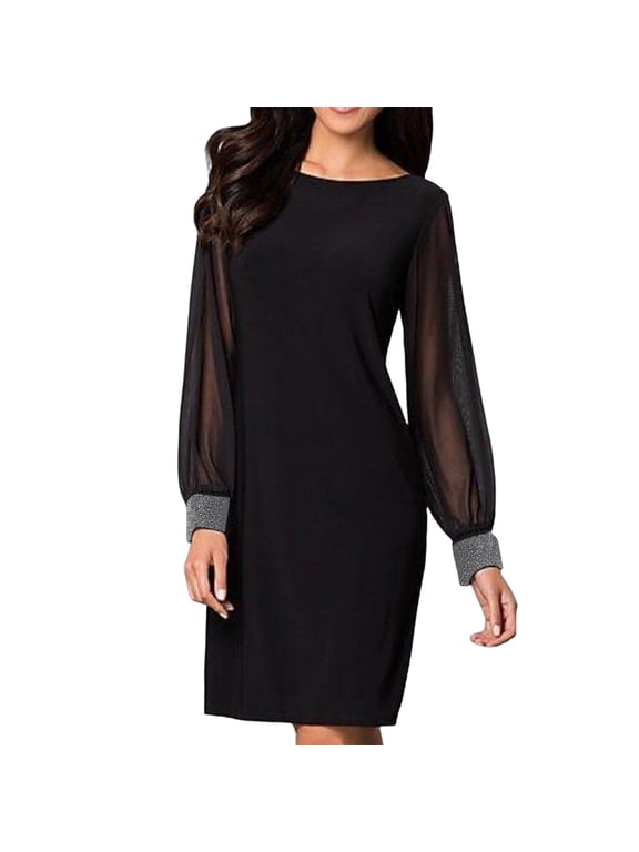 Women's Shiny Mesh Mini Dress - Long Sleeve, V Neck, Slim Fit - Polyester Bodycon for All Occasions - US/UK/EU Sizes S-XXL