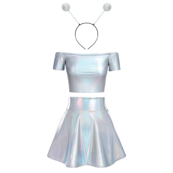 Women's 3Piece Metallic Outfit Shiny Crop Top + Silver Flared Skirt + Alien Headband Halloween Costume Clubwear Musical Festival Rave Outfit L Holographic Silver - Off Shoulder