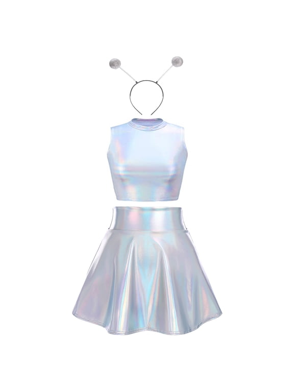 Women's 3Piece Metallic Outfit Shiny Crop Top + Silver Flared Skirt + Alien Headband Halloween Costume Clubwear Musical Festival Rave Outfit L Holographic Silver - Turtleneck