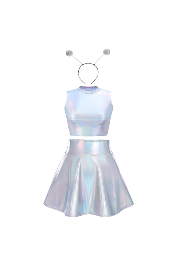 Women's 3Piece Metallic Outfit Shiny Crop Top + Silver Flared Skirt + Alien Headband Halloween Costume Clubwear Musical Festival Rave Outfit L Holographic Silver - Turtleneck