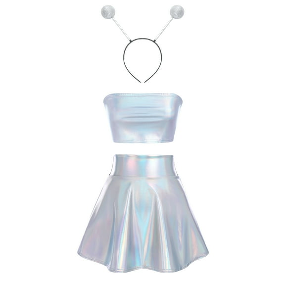 Women's 3Piece Metallic Outfit Shiny Crop Top + Silver Flared Skirt + Alien Headband Halloween Costume Clubwear Musical Festival Rave Outfit L Holographic Silver