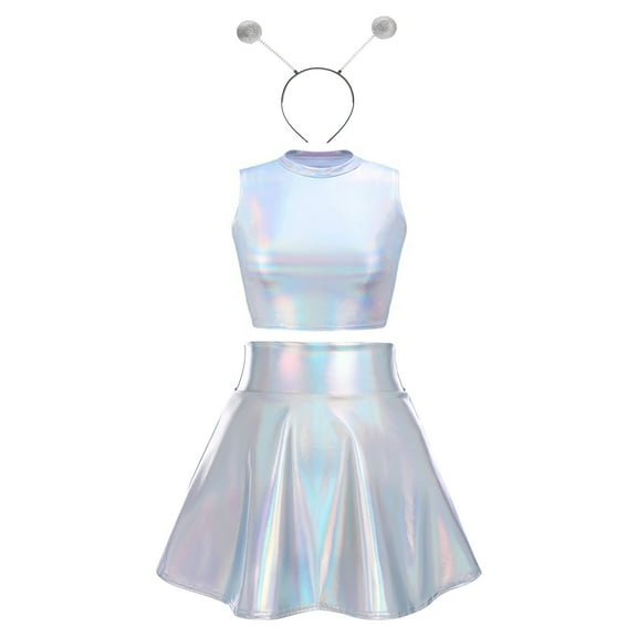 Women's 3Piece Metallic Outfit Shiny Crop Top   Silver Flared Skirt   Alien Headband Halloween Costume Clubwear Musical Festival Rave Outfit S Holographic Silver - Turtleneck