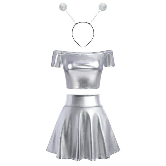 Women's 3Piece Metallic Outfit Shiny Crop Top + Silver Flared Skirt + Alien Headband Halloween Costume Clubwear Musical Festival Rave Outfit S Silver - Off Shoulder