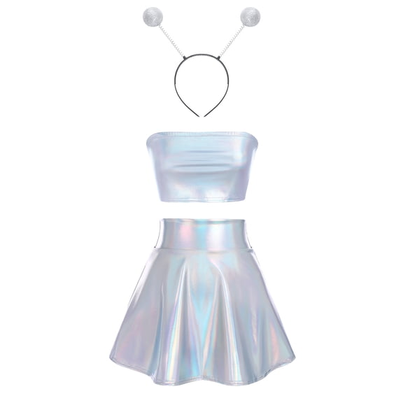 Women's 3Piece Metallic Outfit Shiny Crop Top + Silver Flared Skirt + Alien Headband Halloween Costume Clubwear Musical Festival Rave Outfit XL Holographic Silver