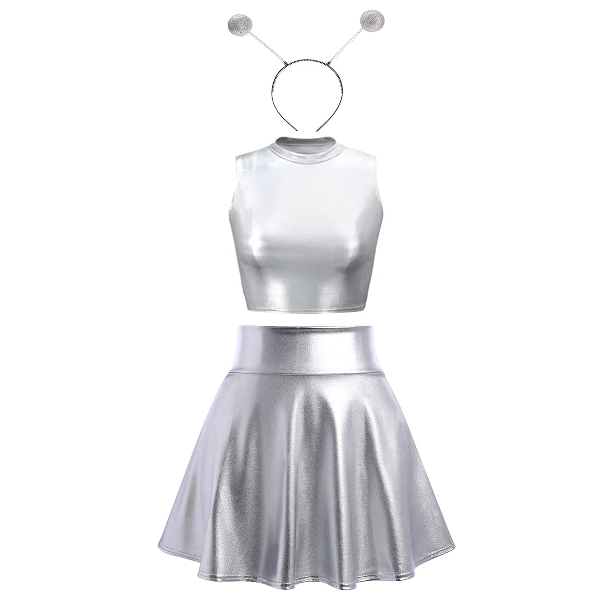 Women's 3Piece Metallic Outfit Shiny Crop Top + Silver Flared Skirt + Alien Headband Halloween Costume Clubwear Musical Festival Rave Outfit XL Silver Women's 3Piece Metallic Outfit Shiny Crop Top + Silver Flared Skirt + Alien Headband Halloween Costume Clubwear Musical Festival Rave Outfit XL Silver