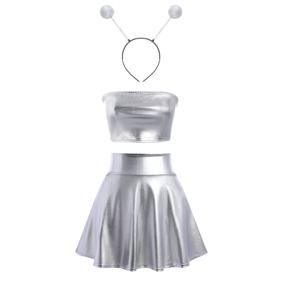Women's 3Piece Metallic Outfit Shiny Crop Top + Silver Flared Skirt + Alien Headband Halloween Costume Clubwear Musical Festival Rave Outfit XXL Silver