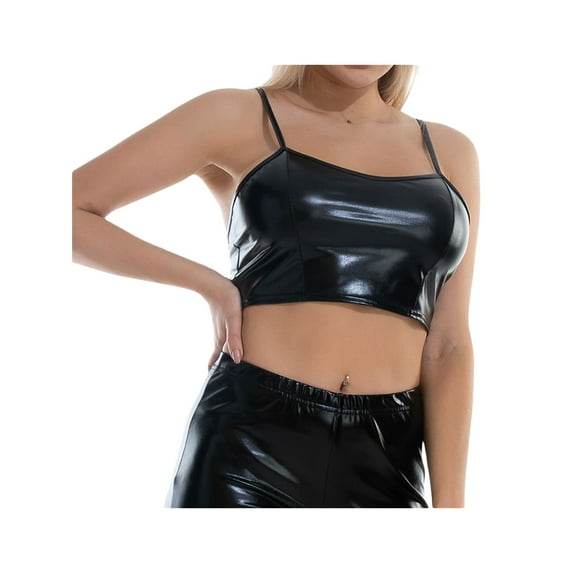 Women's Shiny Metallic Crop Tops Long Sleeve High Neck Tops/Camisole Rave Dance Clubwear Exposed Navel Tops