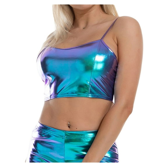 Women's Shiny Metallic Crop Tops Long Sleeve High Neck Tops/Camisole Rave Dance Clubwear Exposed Navel Tops
