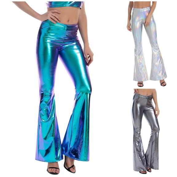 Women's Shiny Metallic High Waist Flare Leg PantsBottom Rave Dance Yoga Trousers Shinny Metallic Sequins High Waist Stretchy Bottom Flared Pants, Wet Pants Club Wear(Blue