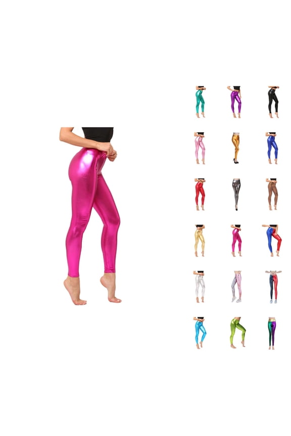 Women's Shiny Metallic Leather Leggings, High-Waist Stretch Skinny Fit Cropped 9/10 Length Wet-Look Leather Trousers in Bright Candy Colors for Fall