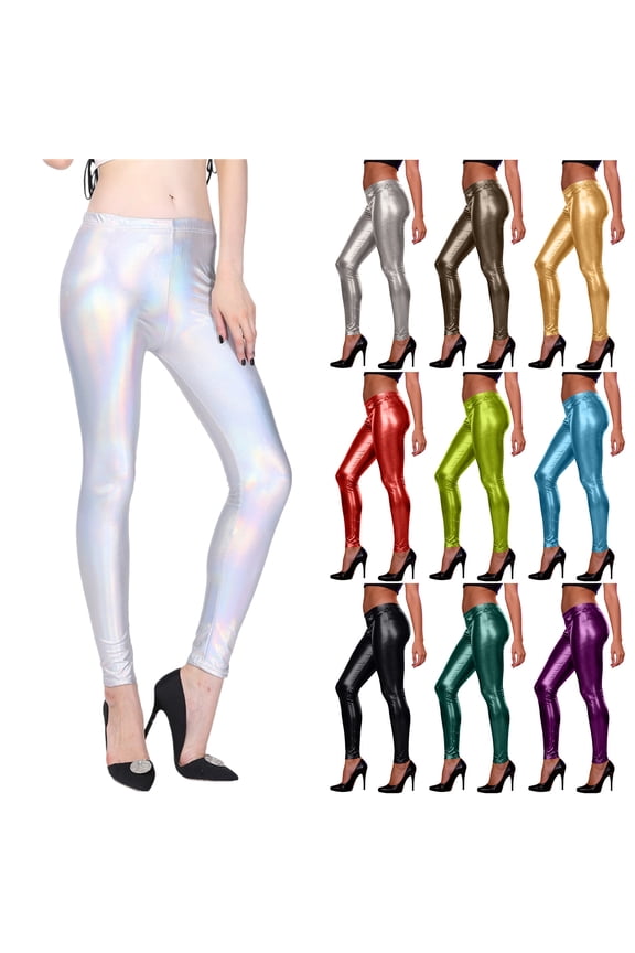 Women's Shiny Metallic Leggings - High Stretch Mid-Rise Ankle-Length Pants, Fashionable Slim-Fit Wet Look Bottoms for Party & Daily Wear
