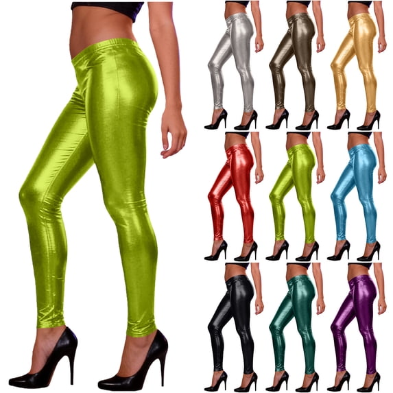 Women's Shiny Metallic Leggings - High Stretch Mid-Rise Ankle-Length Pants, Fashionable Slim-Fit Wet Look Bottoms for Party & Daily Wear