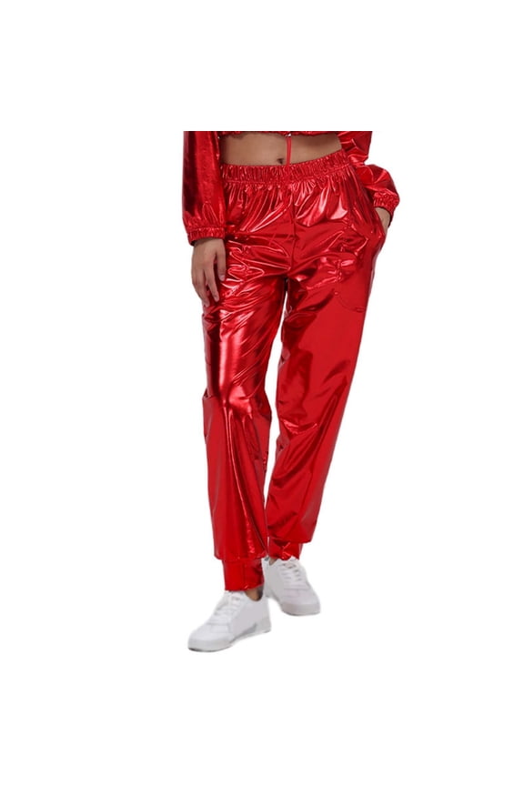 Women's Shiny Metallic Pants Hop Jogger Sweatpants Glitter Rave Dance Pants Red S