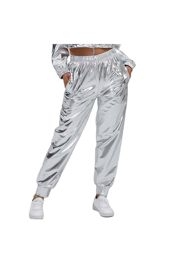 Women's Shiny Metallic Pants Hop Jogger Sweatpants Glitter Rave Dance Pants Silver L