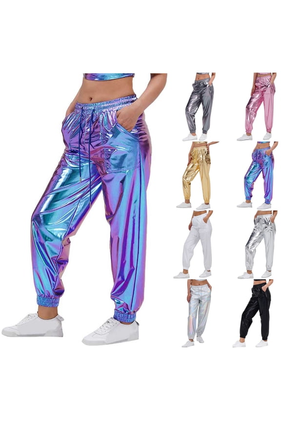 Women's Shiny Metallic Pants Wet Look Hop Jogger Sweatpants Holographic Glitter Pants Rave Dance Pants with Pockets