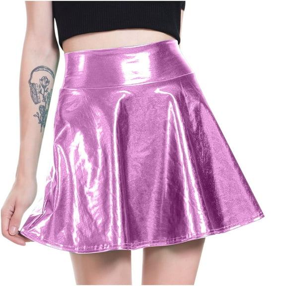 Women's Shiny Metallic Wet Look Stretchy Flared Mini Skater Skirt High Waist Basic Dance Skirts for Women