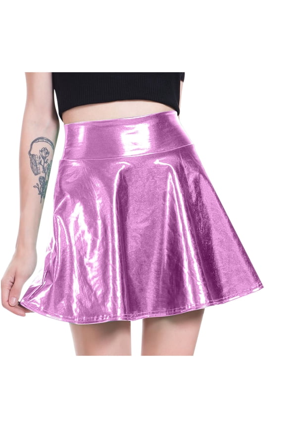 Women's Shiny Metallic Wet Look Stretchy Flared Mini Skater Skirt High Waist Basic Dance Skirts for Women