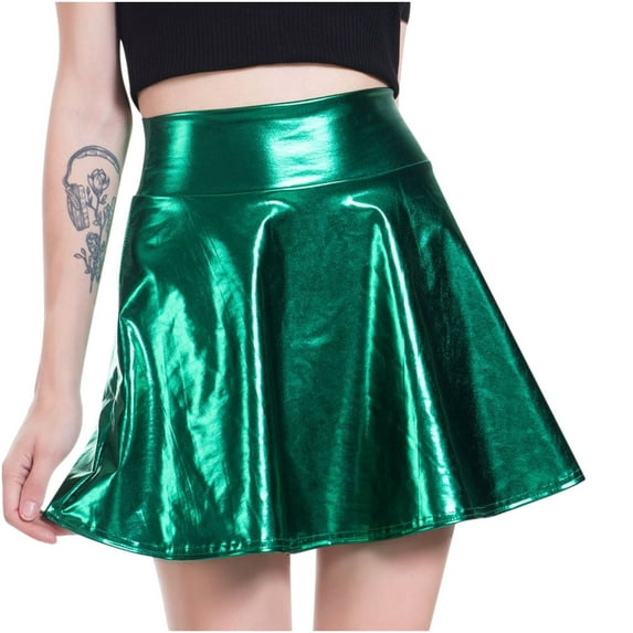 Women's Shiny Metallic Wet Look Stretchy Flared Mini Skater Skirt High Waist Basic Dance Skirts for Women