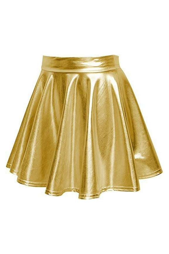 Women's Shiny Metallic Wet Look Stretchy Flared Mini Skater Skirt High Waist Basic Dance Skirts