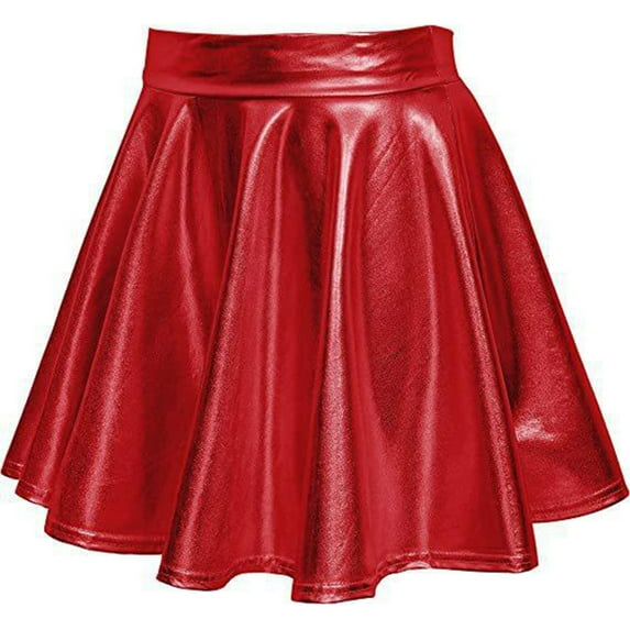 Women's Shiny Metallic Wet Look Stretchy Flared Mini Skater Skirt High Waist Basic Dance Skirts