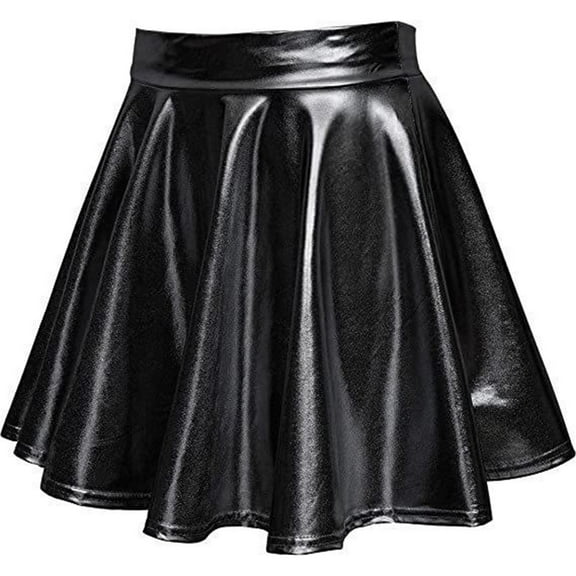 Women's Shiny Metallic Wet Look Stretchy Flared Mini Skater Skirt High Waist Basic Dance Skirts