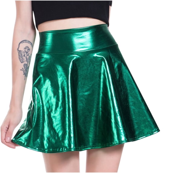 Women's Shiny Metallic Wet Look Stretchy Flared Mini Skater Skirt High Waist Basic Versatile Dance Skirts for Women Skirts for Women
