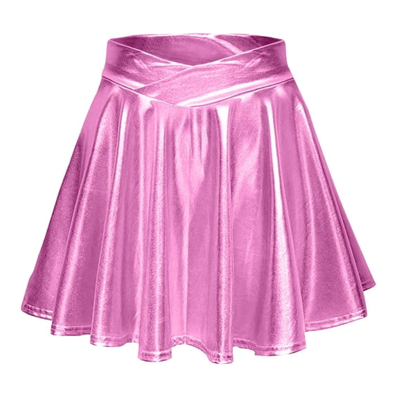 Women's Shiny Mini Skater Skirt Stretchy Flared High Elastic Waist Short Casual Sparkly Dance Skirts M