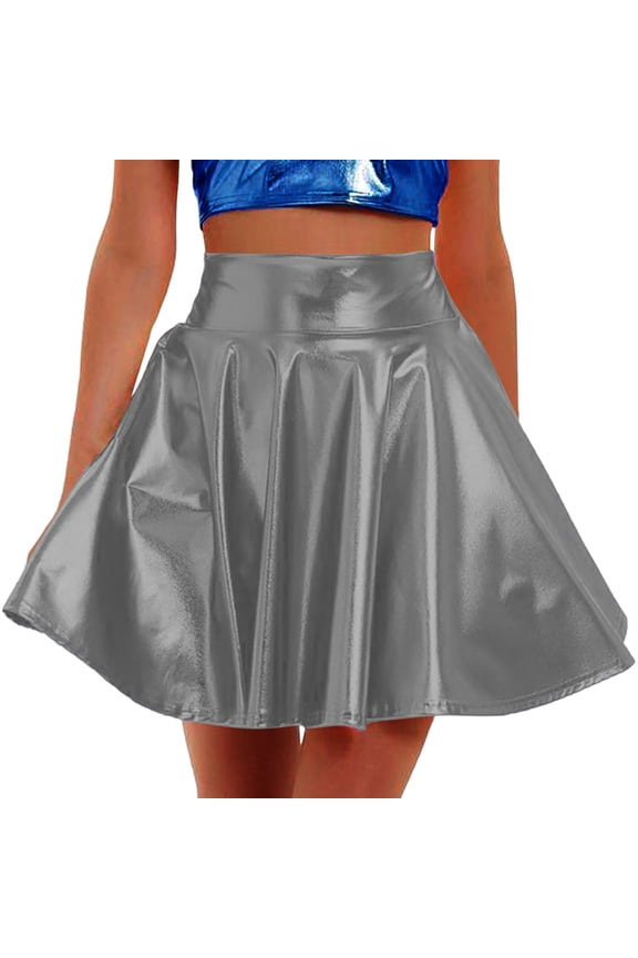 Women's Shiny Mini Skirt Stretchy Flared Mini Skater Skirt High Waisted Flared Pleated A-Line Dance Skirt Plus Size Skirts for Women Gray S
