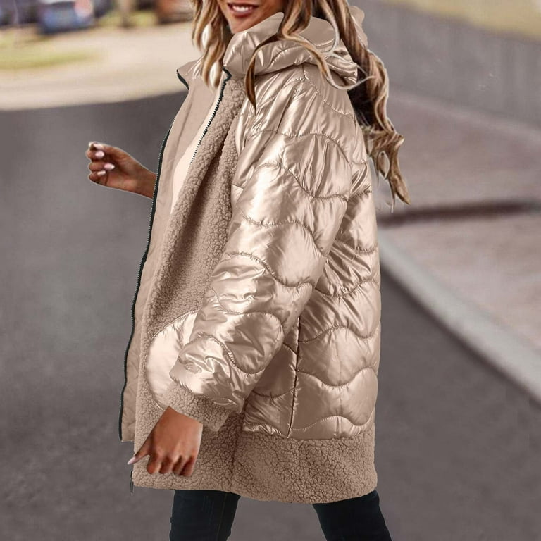 Women s Shiny Padded Jacket Winter Warm Button Mid Length Bubble Coat Cute Hoodie Casual Plush Warm Coat Walmart